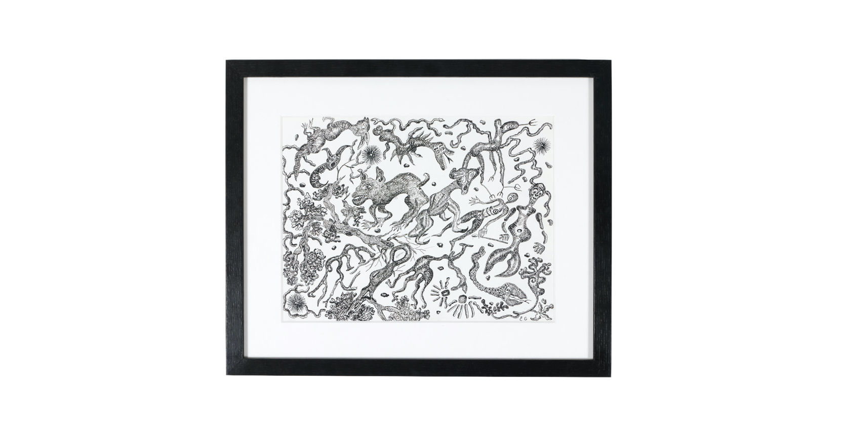 2026 New rectangular surrealist ink drawing by Elizabeth Garouste depicting imaginary figures and animals.