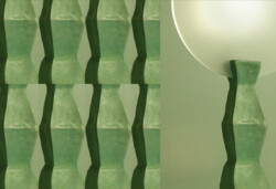 garouste bonetti, lampe avec un pied en bronze vert dans lequel est fixé un rond en verre dépoli